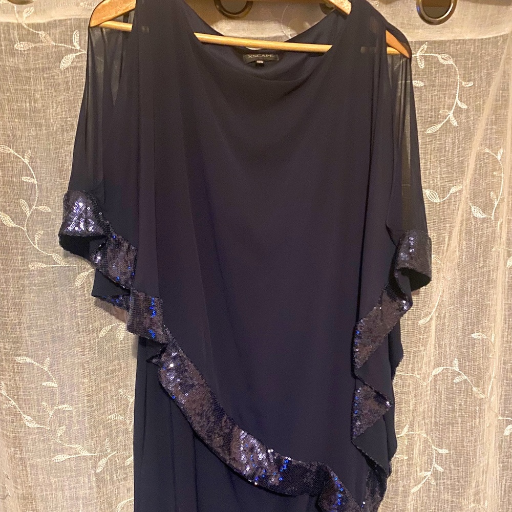 XSCAPE Short Jersey Dress with Sequin Trim Capelet Navy Size 16W